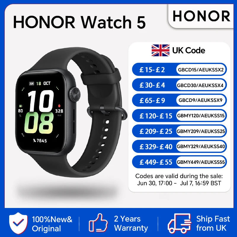 HONOR Watch 5, Smartwatch, 15 Days of Battery Life,1.85-inch AMOLED Screen, 5ATM and IP68, GPS,BT5.2, Android and iOS