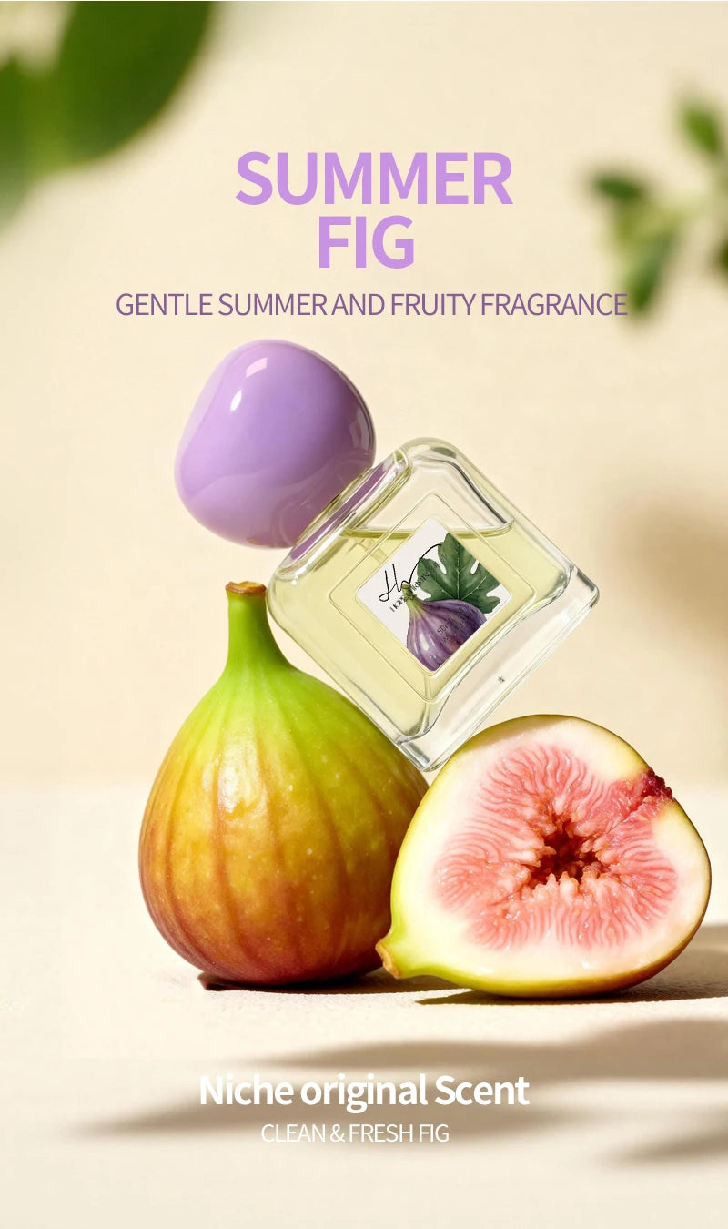 Summer Fig niche women's perfume by Marcas Originales. Square glass bottle, purple cap, fresh fruity fig scent.