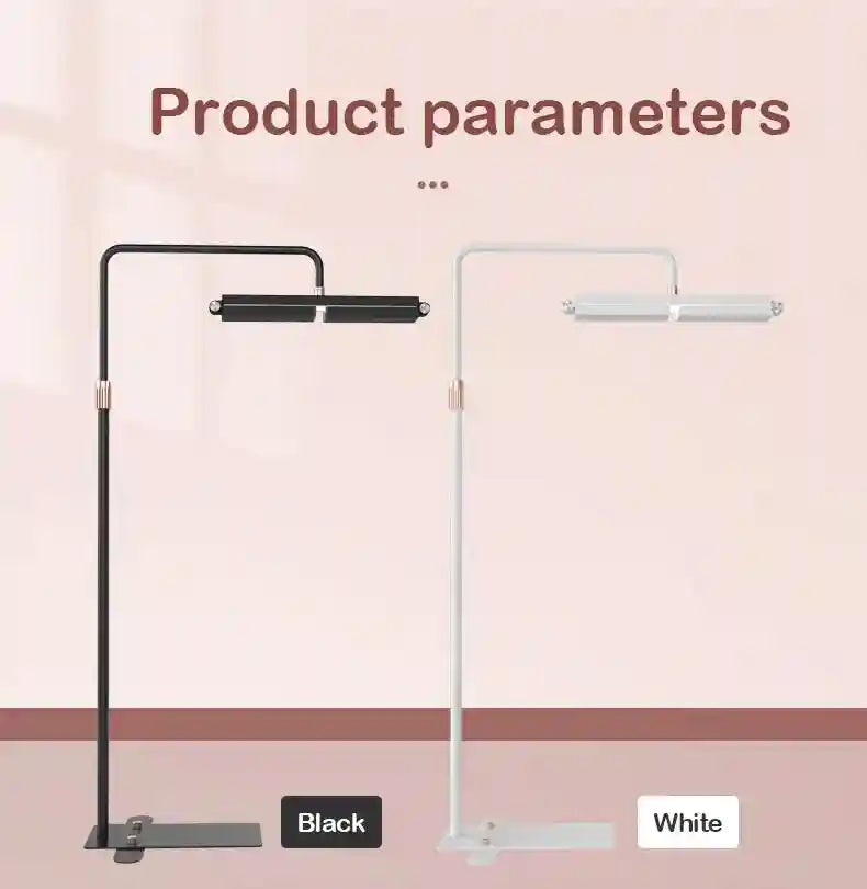 Minimalist black and white floor lamps with adjustable rectangular heads on slender metal stands for task lighting.