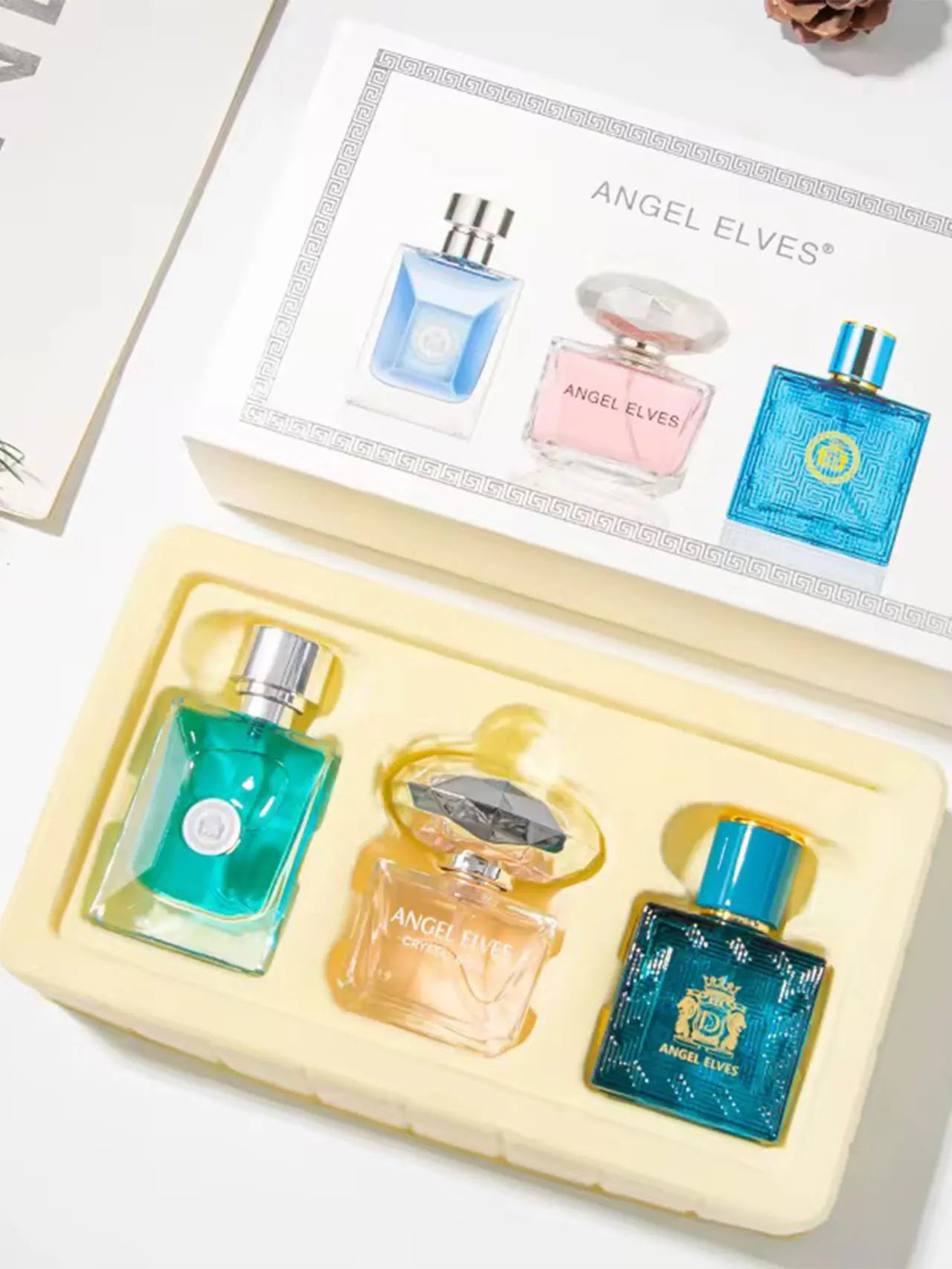 Angel Elves 4-piece men's luxury perfume gift set with decorative glass bottles in a premium display box.