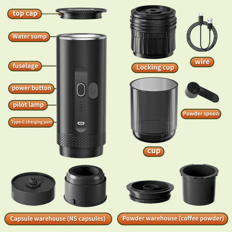 Portable black electric coffee maker parts breakdown with capsule, powder adapters, charging cable, and cup.