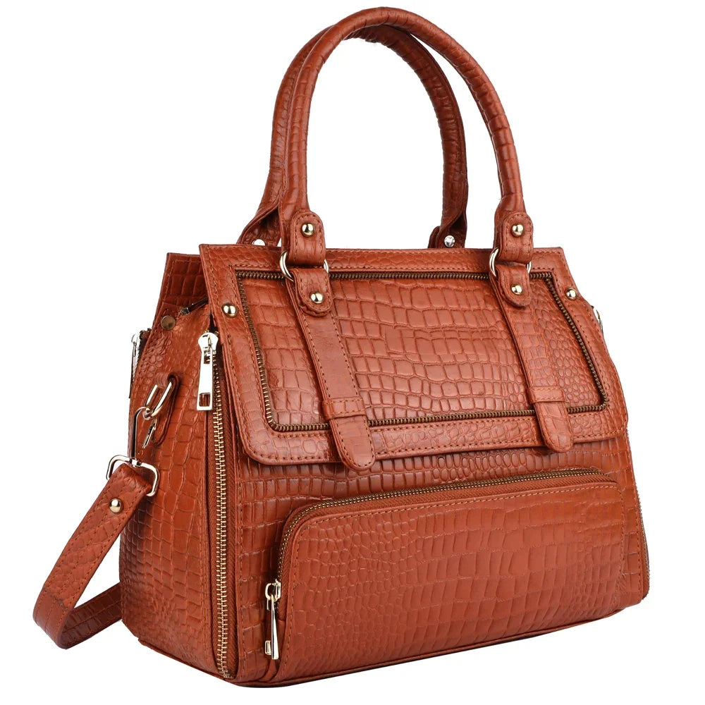 Tan croc-embossed PU leather designer handbag with dual handles, side zippers, and gold hardware for travel.