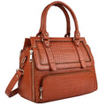 Brown crocodile-pattern PU leather designer handbag with durable gold-tone zippers and removable crossbody strap.