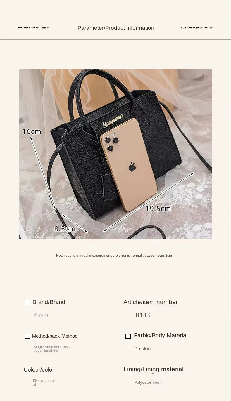 Black pebbled PU leather designer handbag with crossbody strap, compact structured style, and gold logo detail.