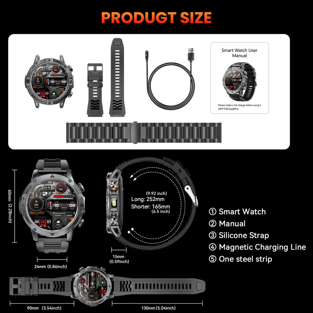 Men Military Smart Watch 1100mAh Large Battery 30 Days Standby Bluetooth Call Flashlight Compass 1.7" TFT HD 360*360 Screen IP68 Waterproof Sports Smartwatch 100+ Sport Modes Heart Rate Sleep Monitor Fitness Tracker For Andro