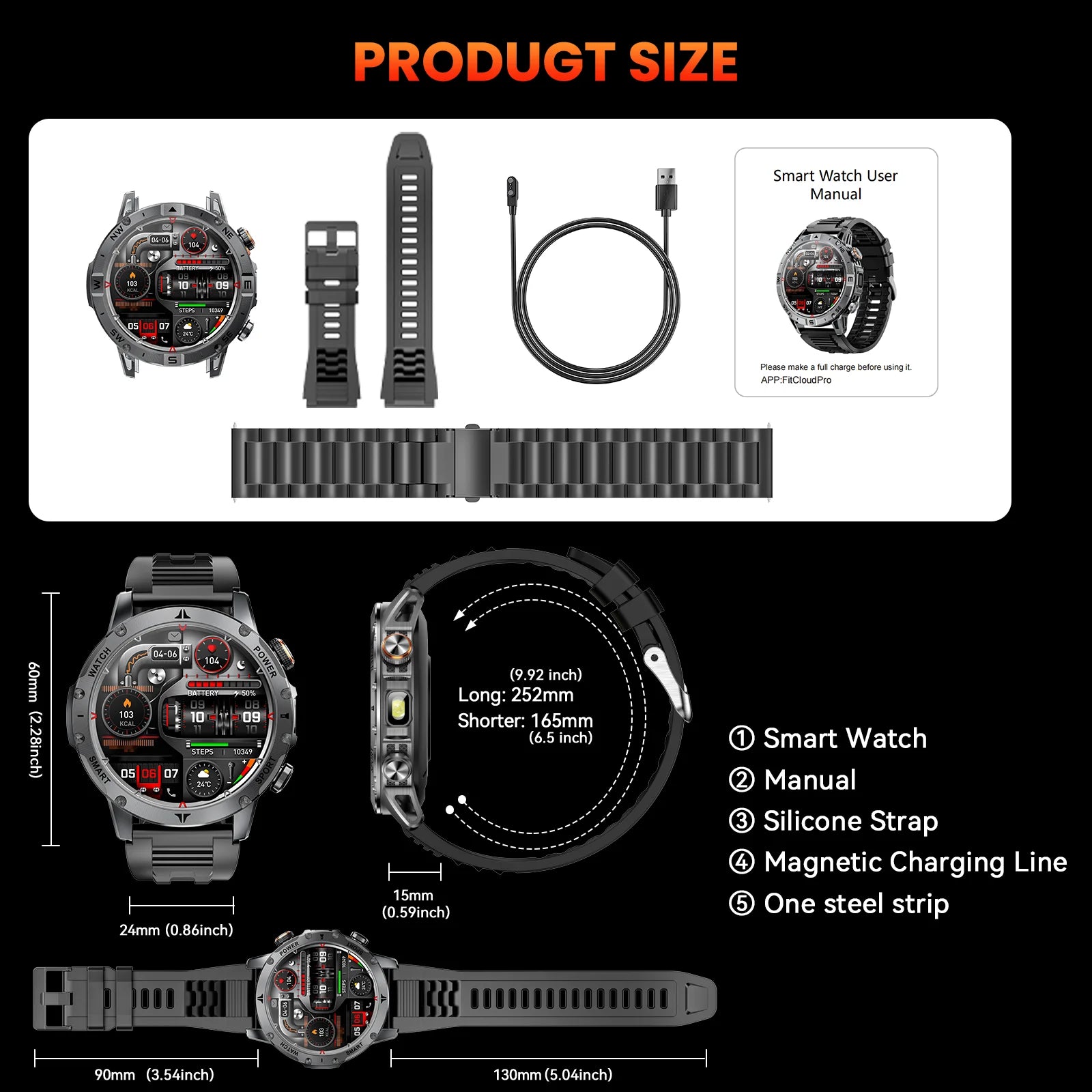 Men Military Smart Watch 1100mAh Large Battery 30 Days Standby Bluetooth Call Flashlight Compass 1.7" TFT HD 360*360 Screen IP68 Waterproof Sports Smartwatch 100+ Sport Modes Heart Rate Sleep Monitor Fitness Tracker For Andro