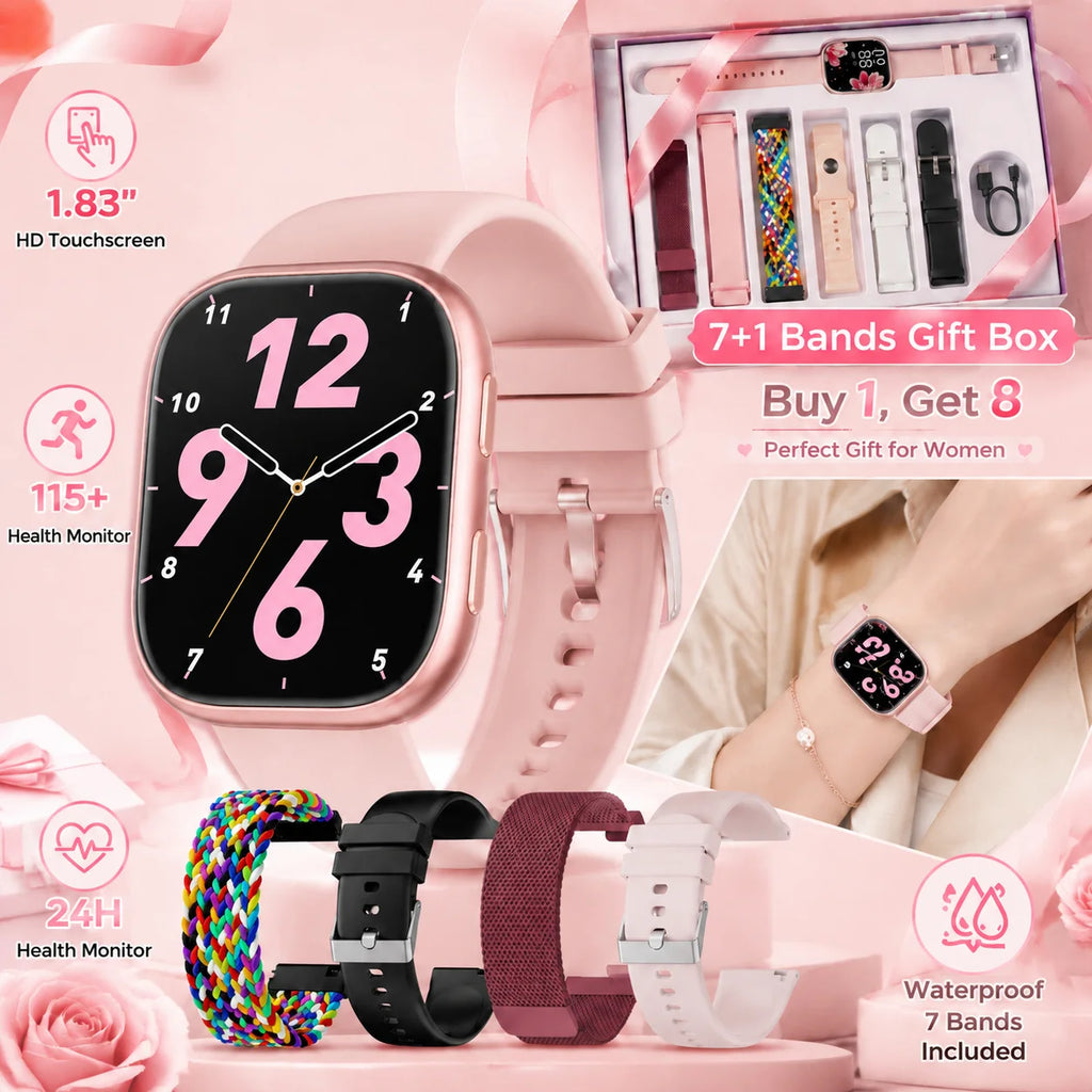 Ladies Smart Watch Fitness Tracker 2026 Updated Version 1.83" HD Screen 115+ Sports Mode Health Watch Sleep Heart Rate Menstrual Tracking Waterproof with 7 Bands Gift Box Women Birthday Gift