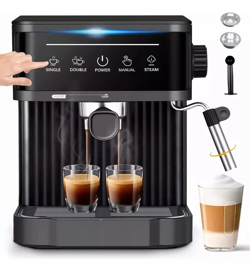 Black modern espresso coffee machine with touch control panel, steam wand, and dual shot brewing capability.
