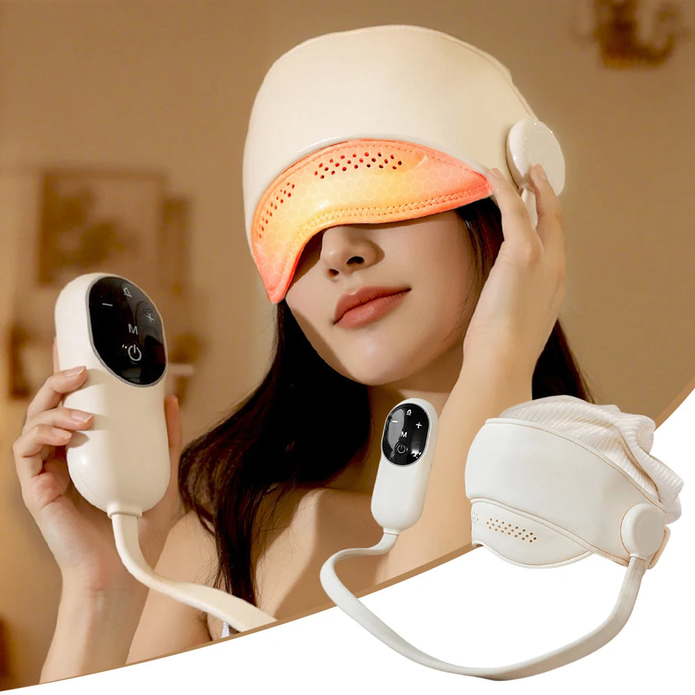 Electric head and eye massager with orange heated visor, 4 modes, 3 heat levels, and remote controller.
