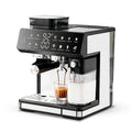 Black and white automatic espresso machine with integrated grinder, milk frother, and digital touchscreen interface.