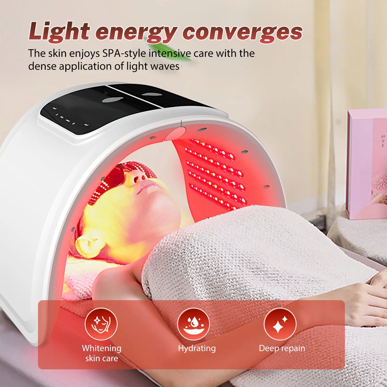 7-color LED PDT light therapy machine for home spa facial skin rejuvenation and professional skin care treatment.