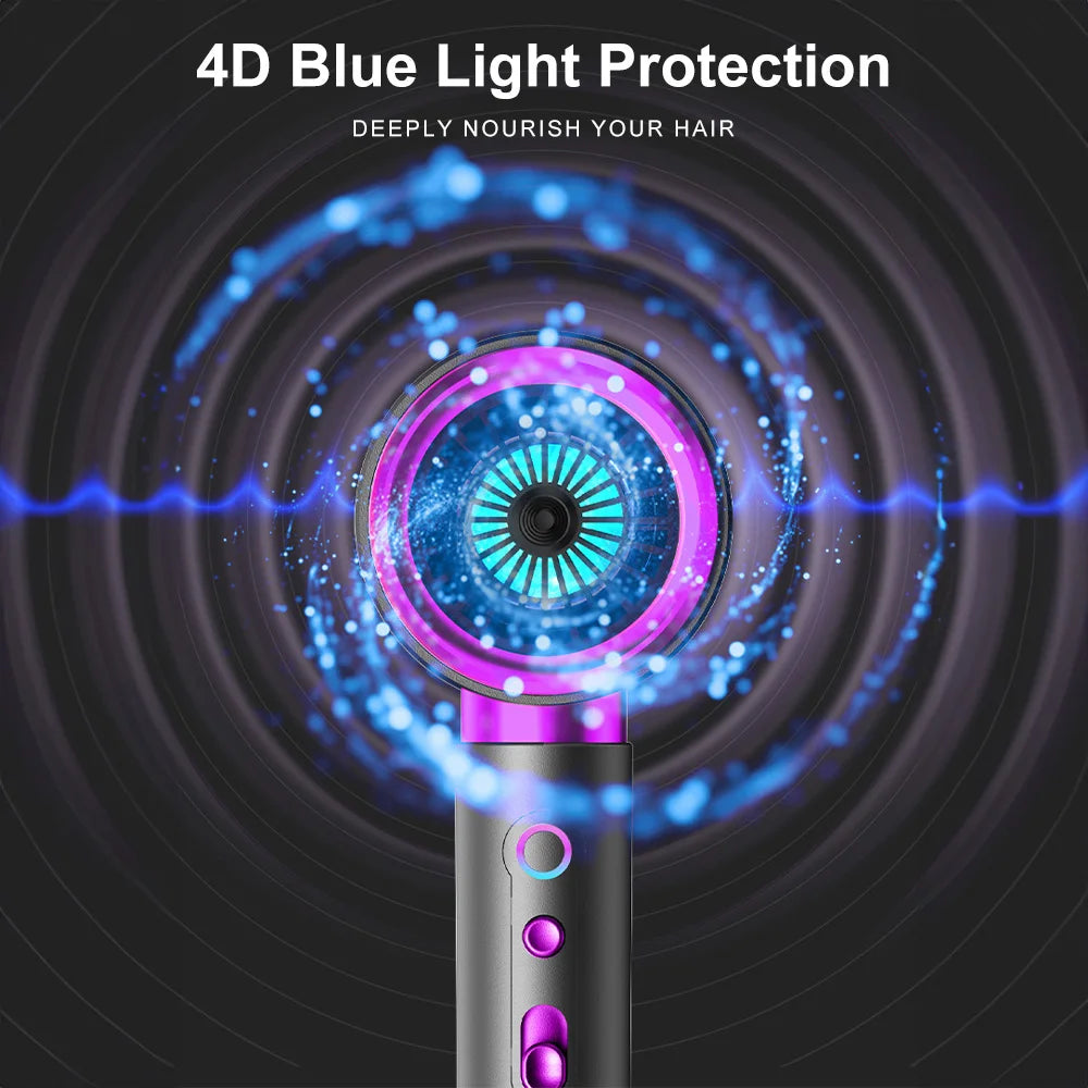 2400W high-speed purple hair dryer with 4D blue light protection and ion tech for fast, professional hair drying.