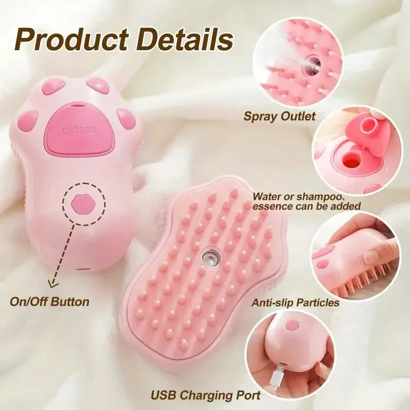Pink 3-in-1 electric steam pet grooming brush with USB charging for gentle hair removal and massage for cats and dogs.