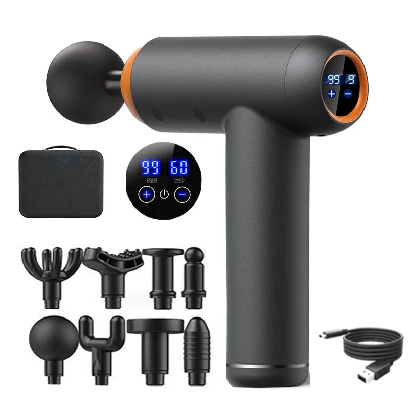 Matte black handheld muscle massage gun with digital display, eight interchangeable heads, storage case, and USB cable.