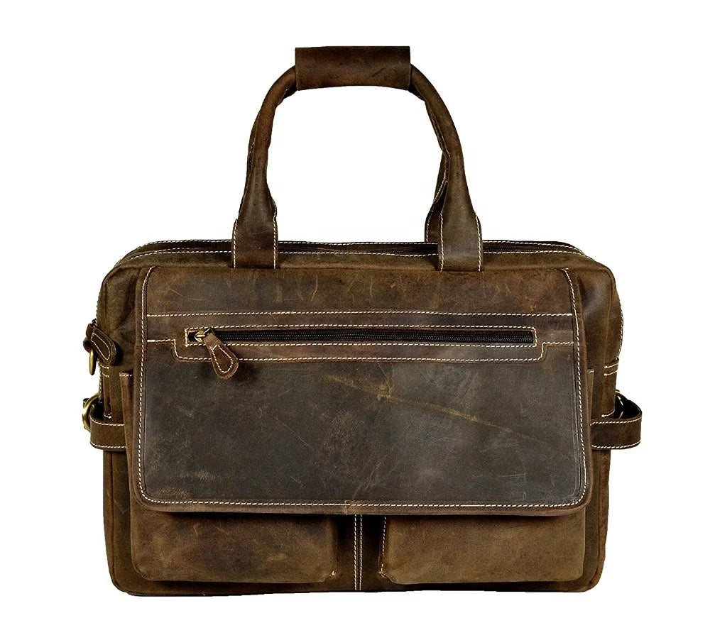 Rustic brown handmade genuine leather messenger briefcase with front flap pockets and sturdy handles for men.