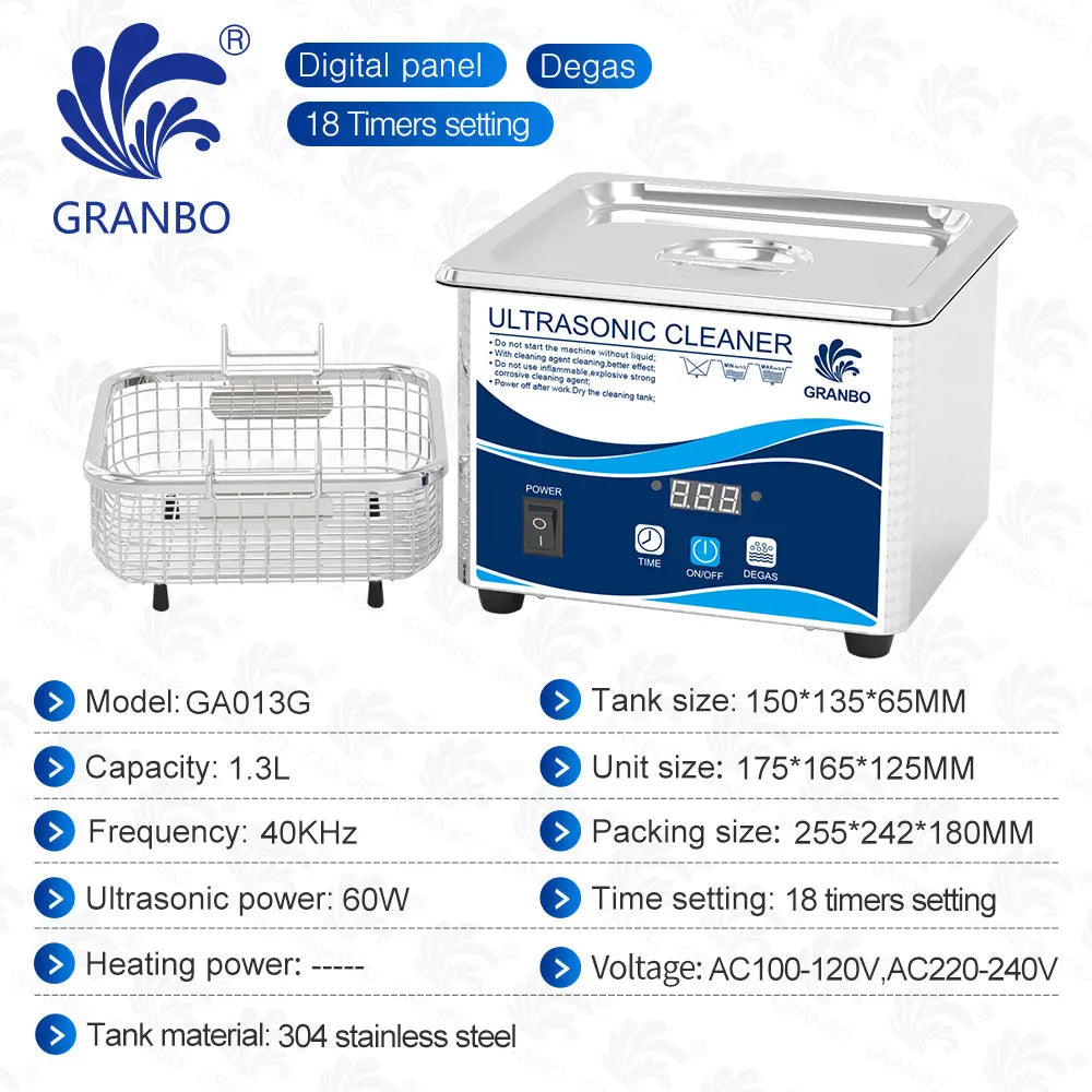 GRANBO ultrasonic cleaner with digital panel and degas, 18 time setting, white base