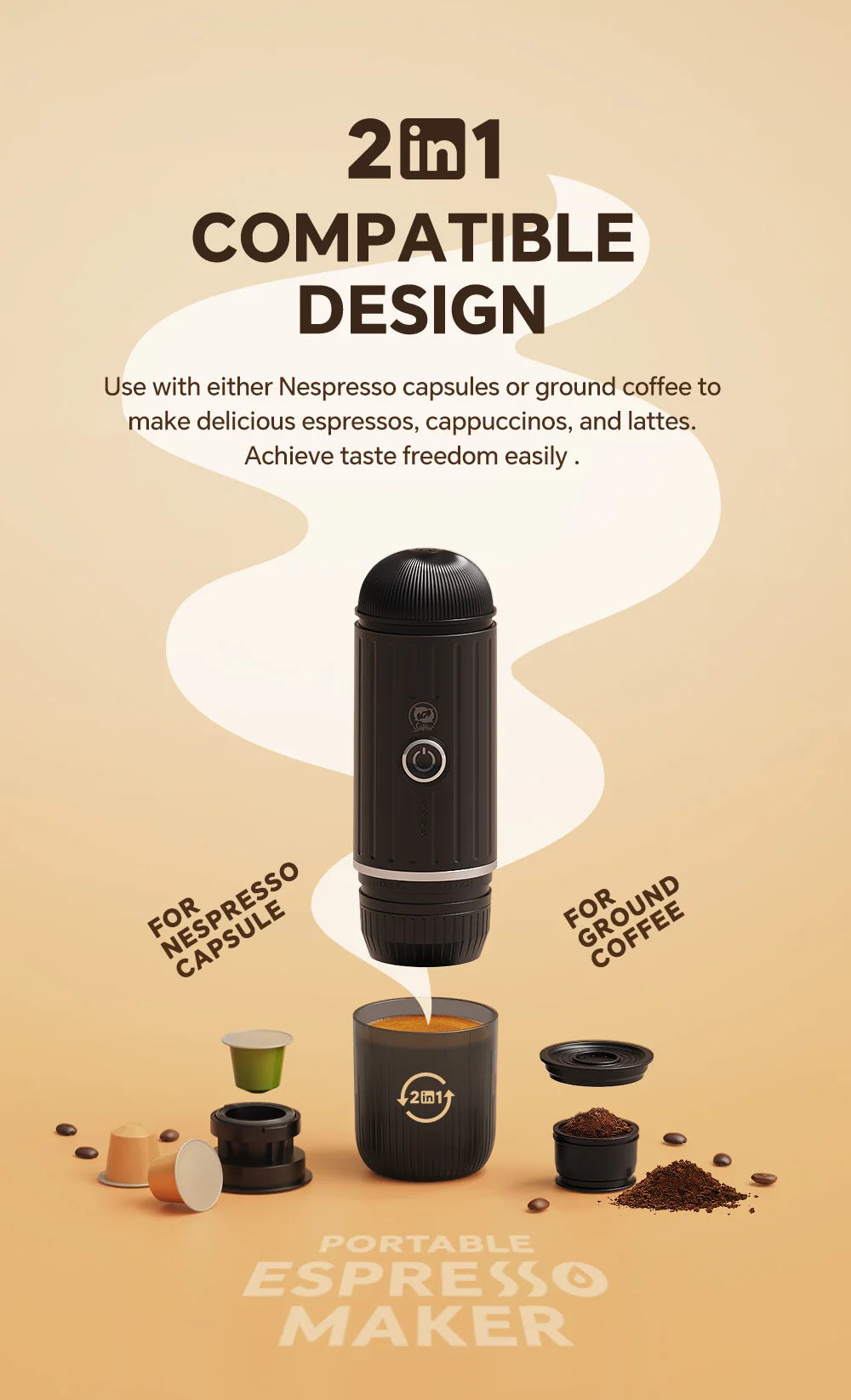 Portable 2-in-1 black espresso maker for Nespresso capsules or ground coffee on a beige background.