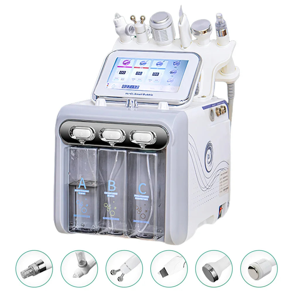 6-in-1 hydro dermabrasion facial machine with touch screen, water tanks, and spa skin rejuvenation treatment probes.