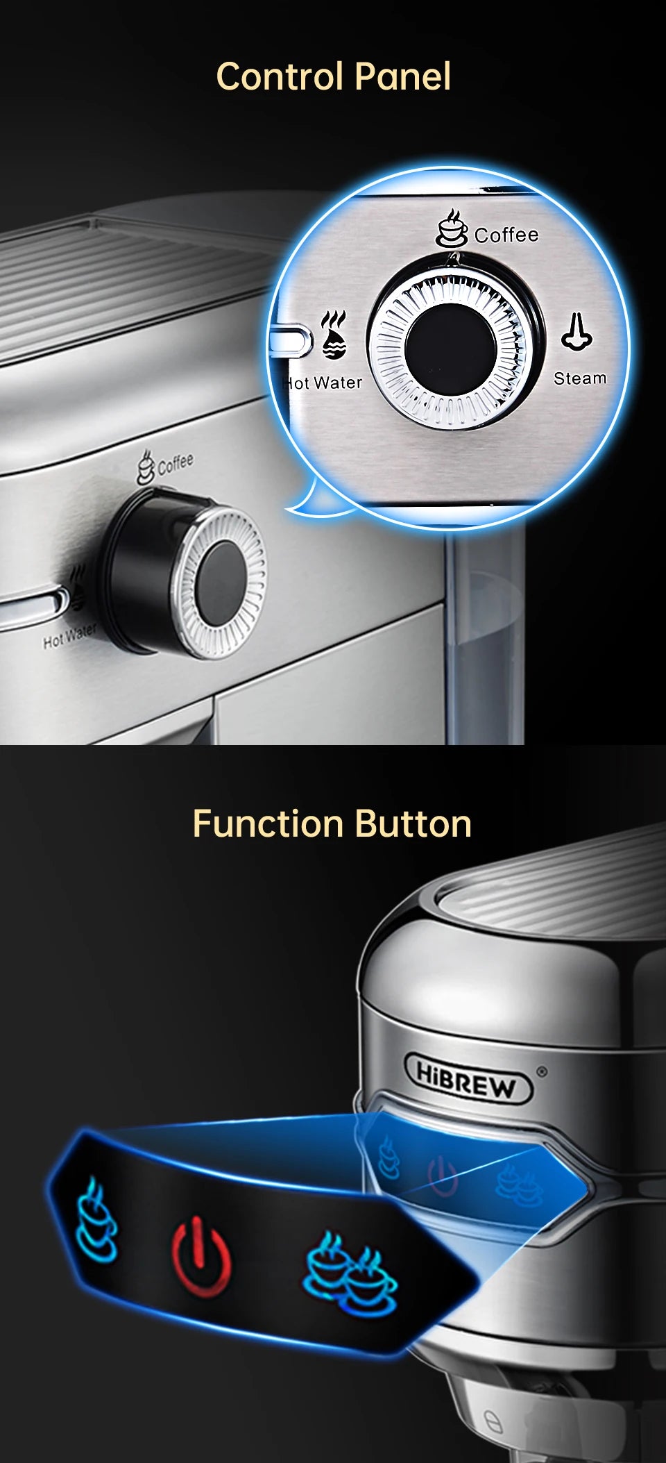 HiBREW silver stainless steel espresso machine control panel and function buttons with coffee and steam settings.