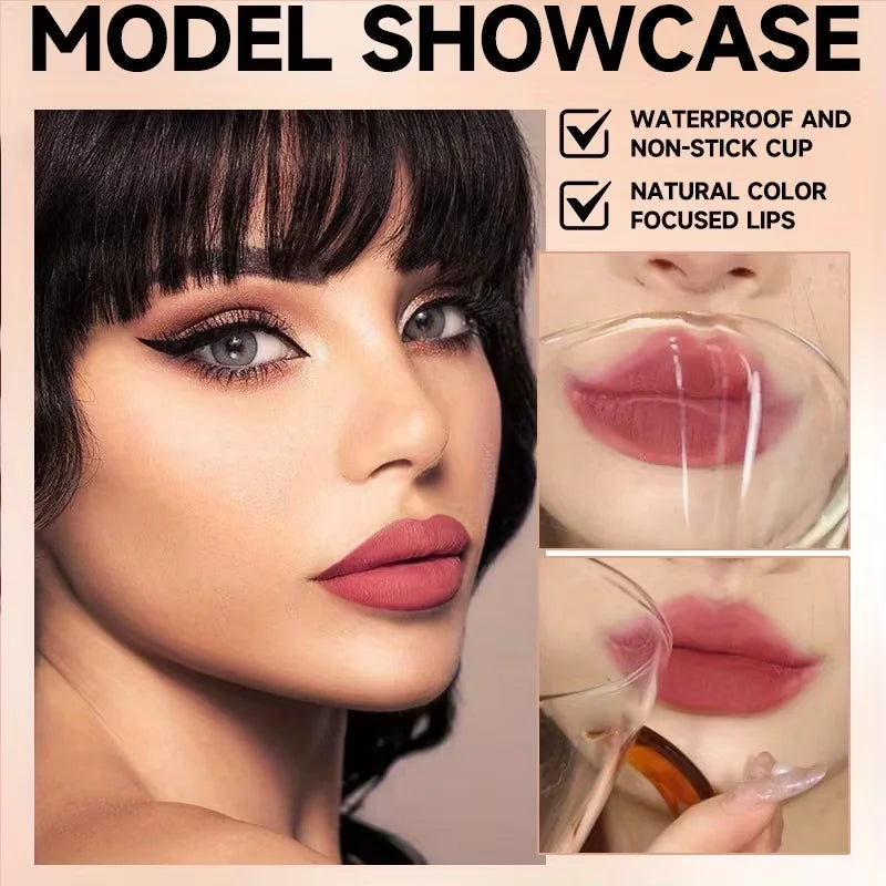 Model wearing waterproof, non-stick matte nude lipstick. Set of 12 long-lasting metallic and glossy shades for lips.
