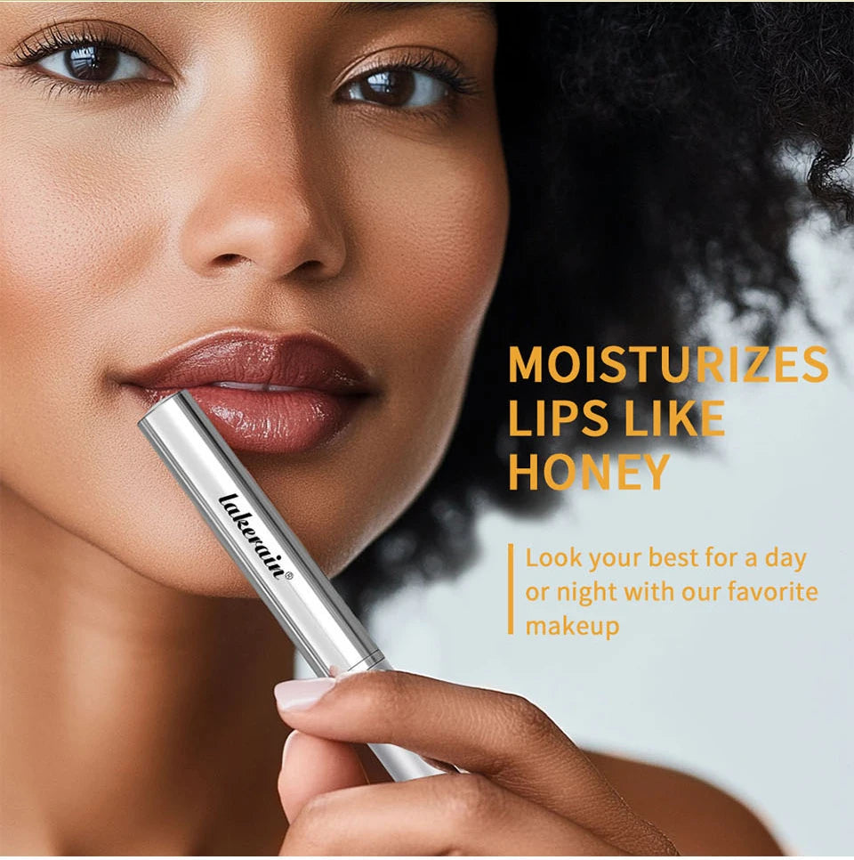 Lakerain colorless honey lip balm in silver tube, providing long-lasting, moisturizing, and plumping lip makeup effects.