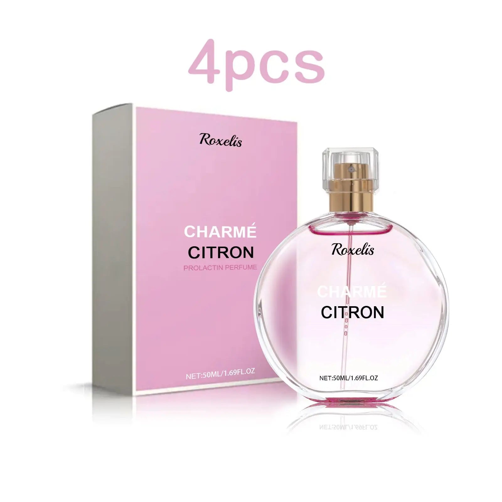 Roxelis Charme Citron 50ml round bottle pheromone perfume for women, long-lasting floral fresh scent, 4-pack set.