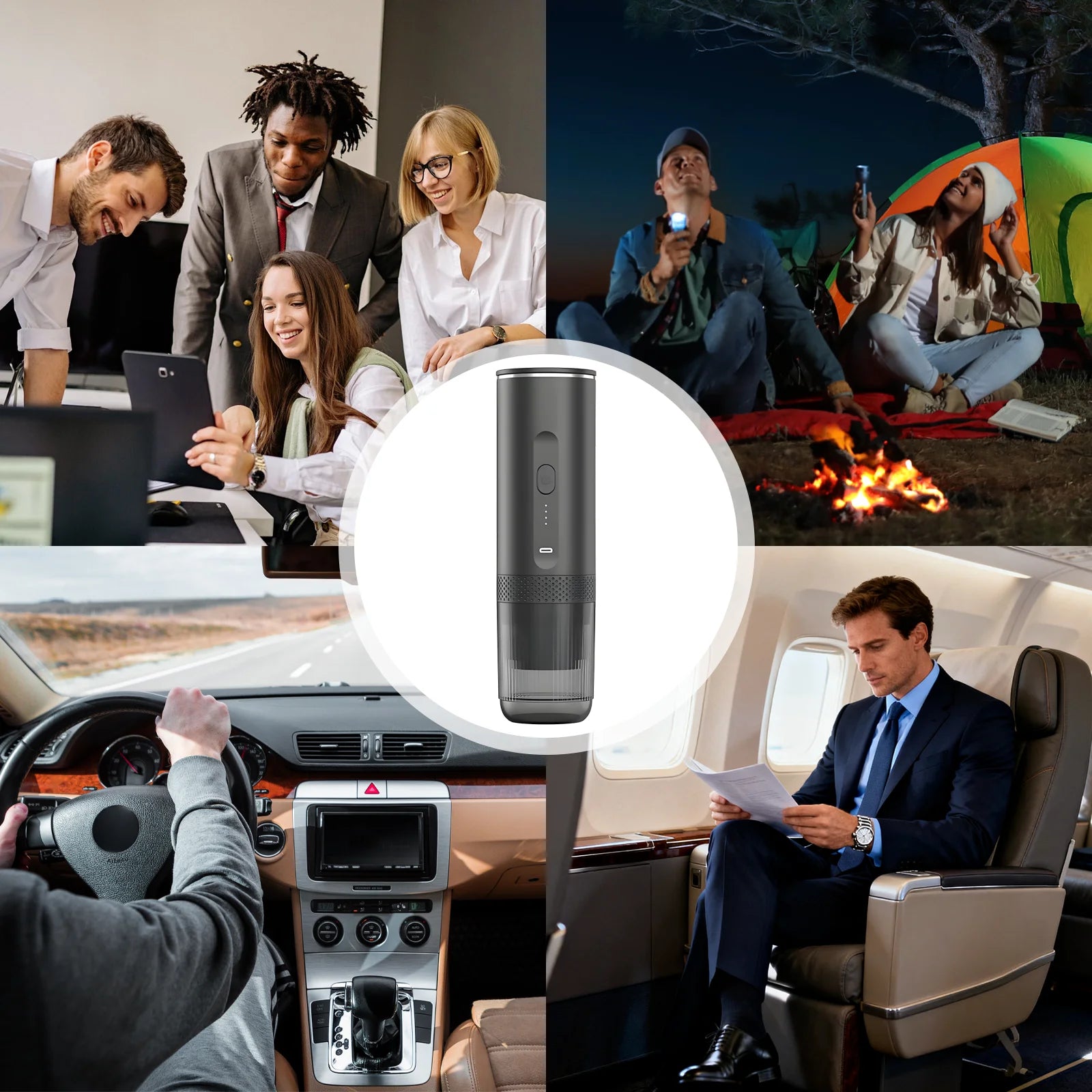 Portable matte black electric coffee maker for travel, office, and camping, featuring a sleek, compact cylinder design.