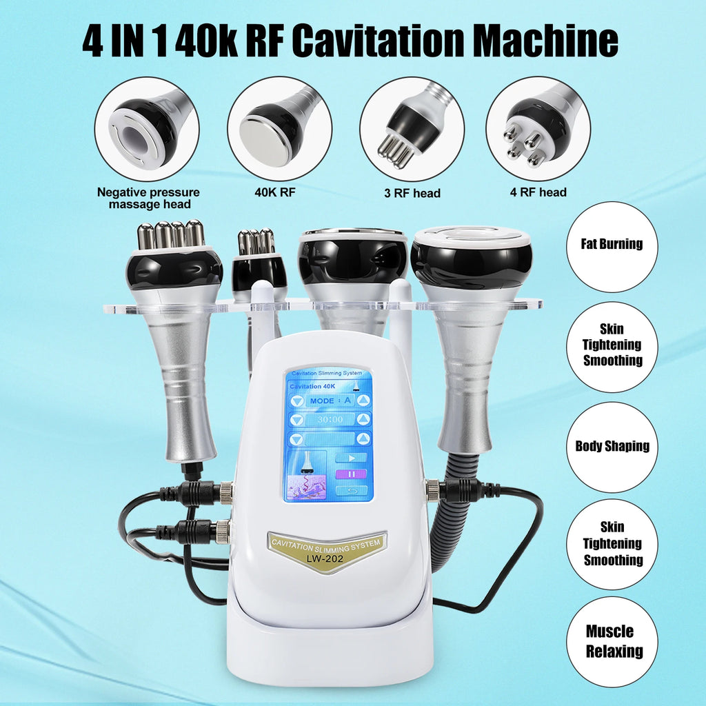 4-in-1 RF cavitation machine with four heads for fat burning, facial lifting, skin tightening, and body contouring.