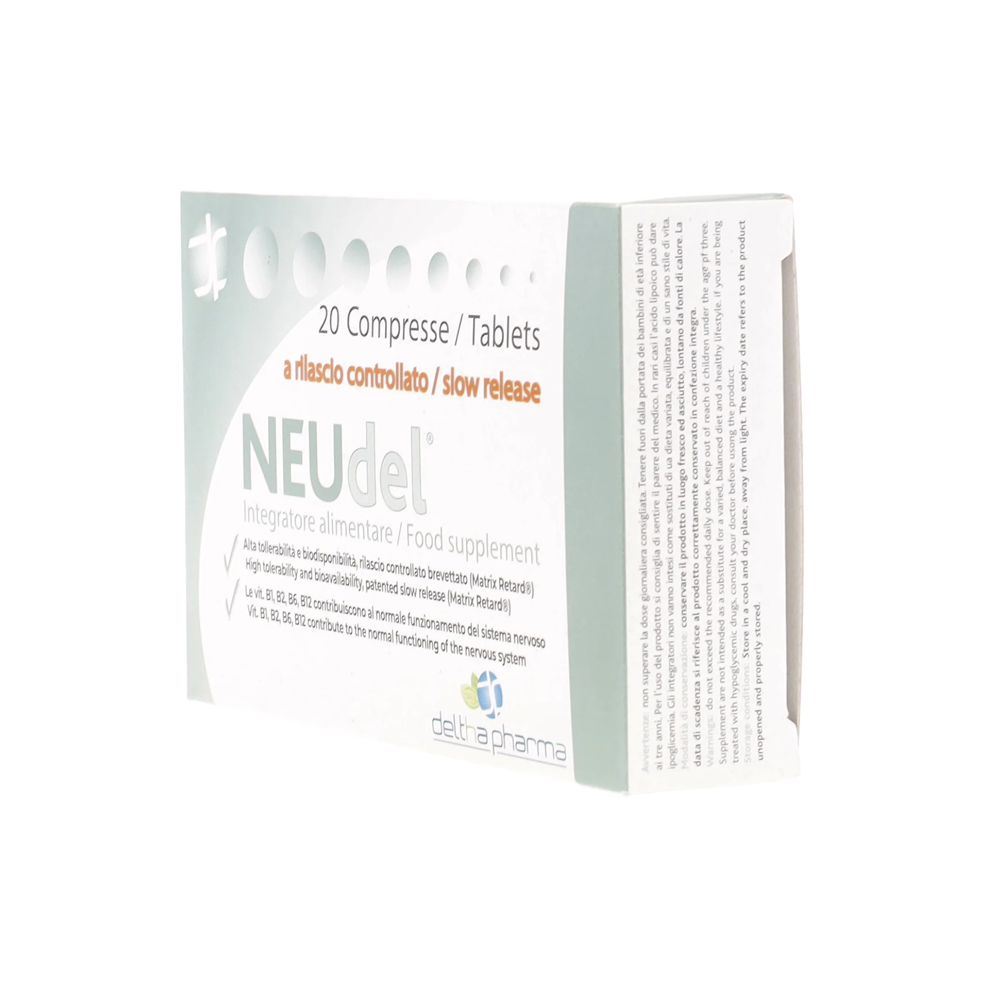 Deltha Pharma NEUdel 20 tablets: Alpha Lipoic Acid and B Vitamins supplement for nervous system support by Tidesmit.
