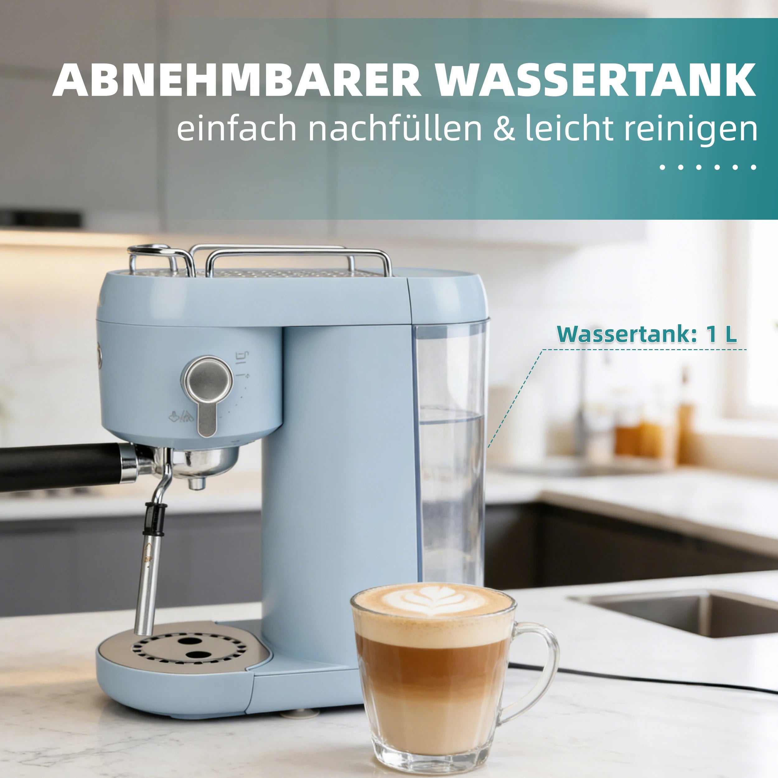 Light blue espresso machine with removable 1L water tank, cup warmer, and milk frother on a kitchen counter.