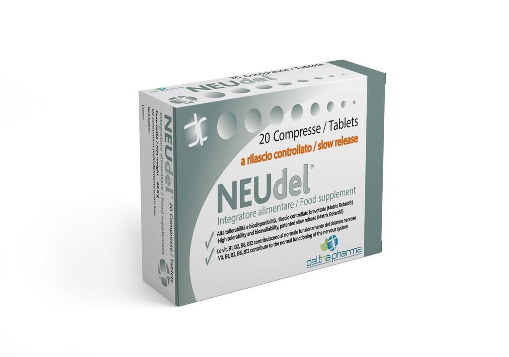 Deltha Pharma NEUdel 20 tablets: Slow-release Alpha Lipoic Acid and B Vitamins supplement for nervous system health.