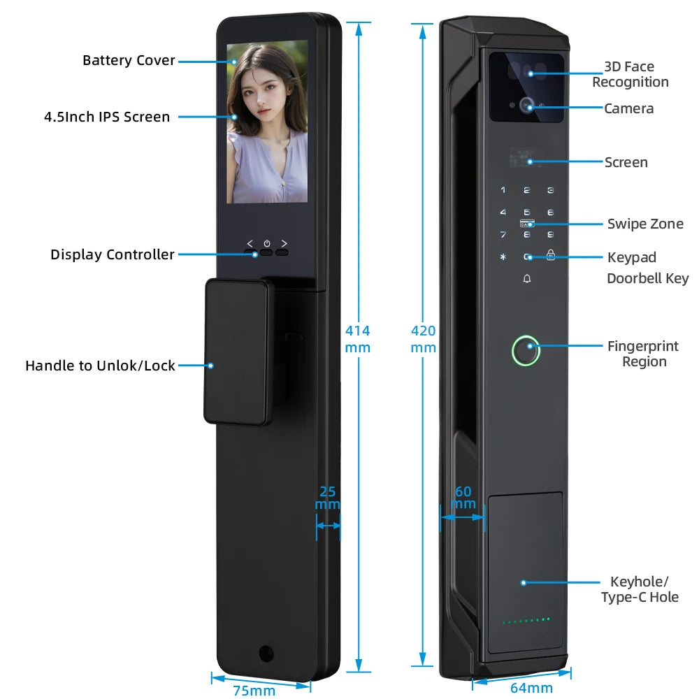 RAYKUBE 21-language Voice Tuya WiFi Camera Palm Vein Smart Fingerprint Lock Face Recognition Digital Lock With Video Call P85