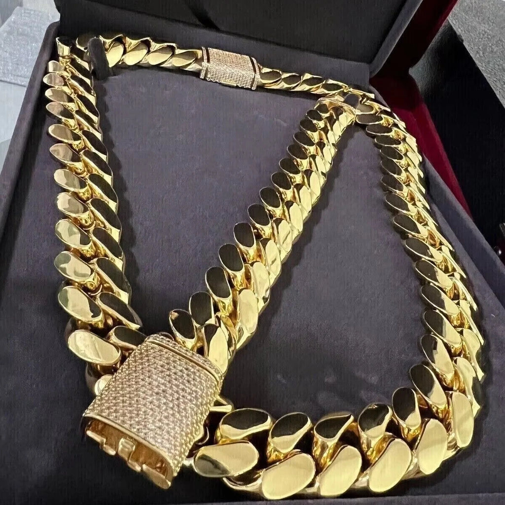 Moissanite 14K Yellow Gold Plated Vintage Tishya Diamond Women's Necklace 14mm X 28/24/22/20/18/16" Miami Link Chain Anniversary