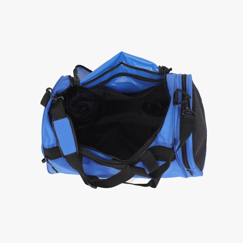 Large blue nylon sports gym duffel bag with black straps, zipper closure, and side mesh pockets for travel.