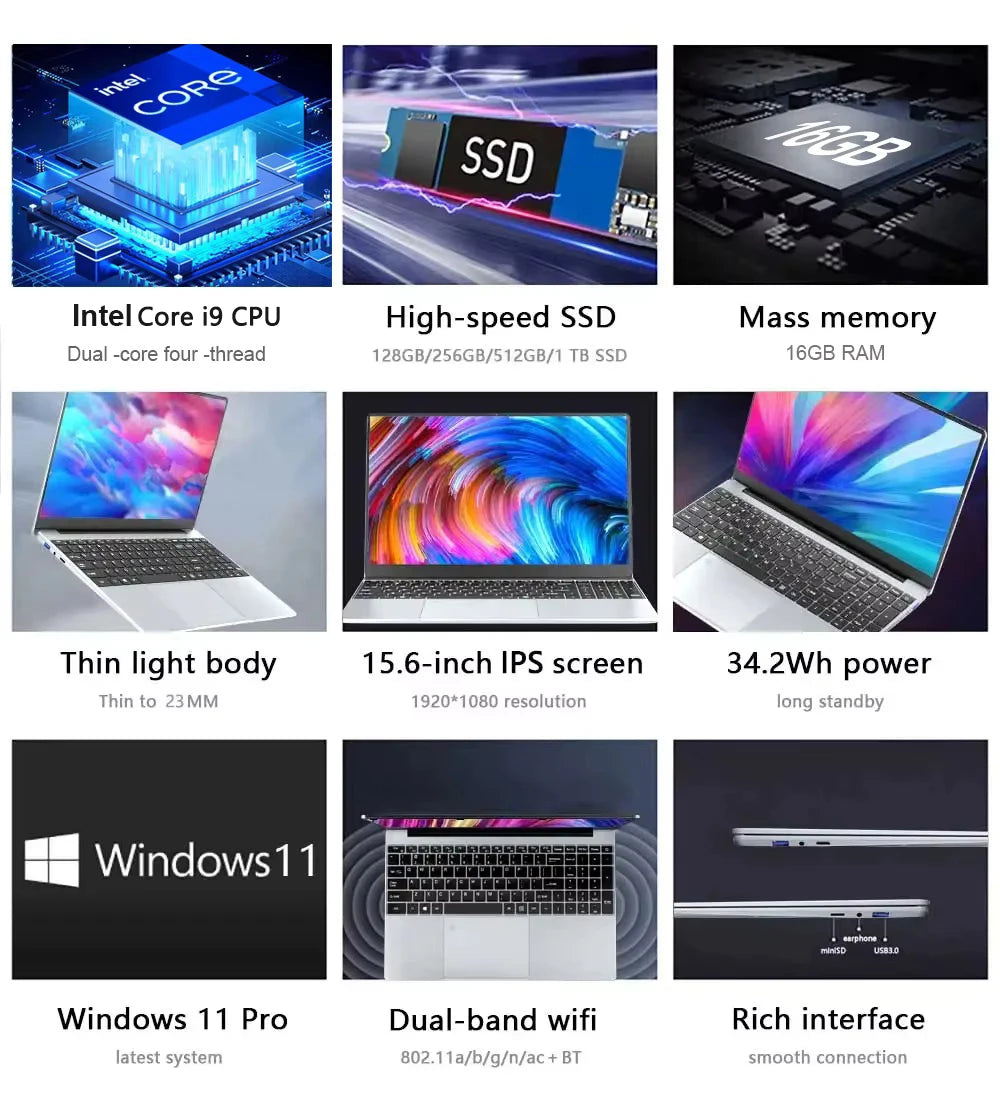 15.6" Windows 11 Pro Laptop Computer Intel Core i9 10980HK 16GB 1TB Laptops Office Computer Fingerprint Unlock Notebook PC