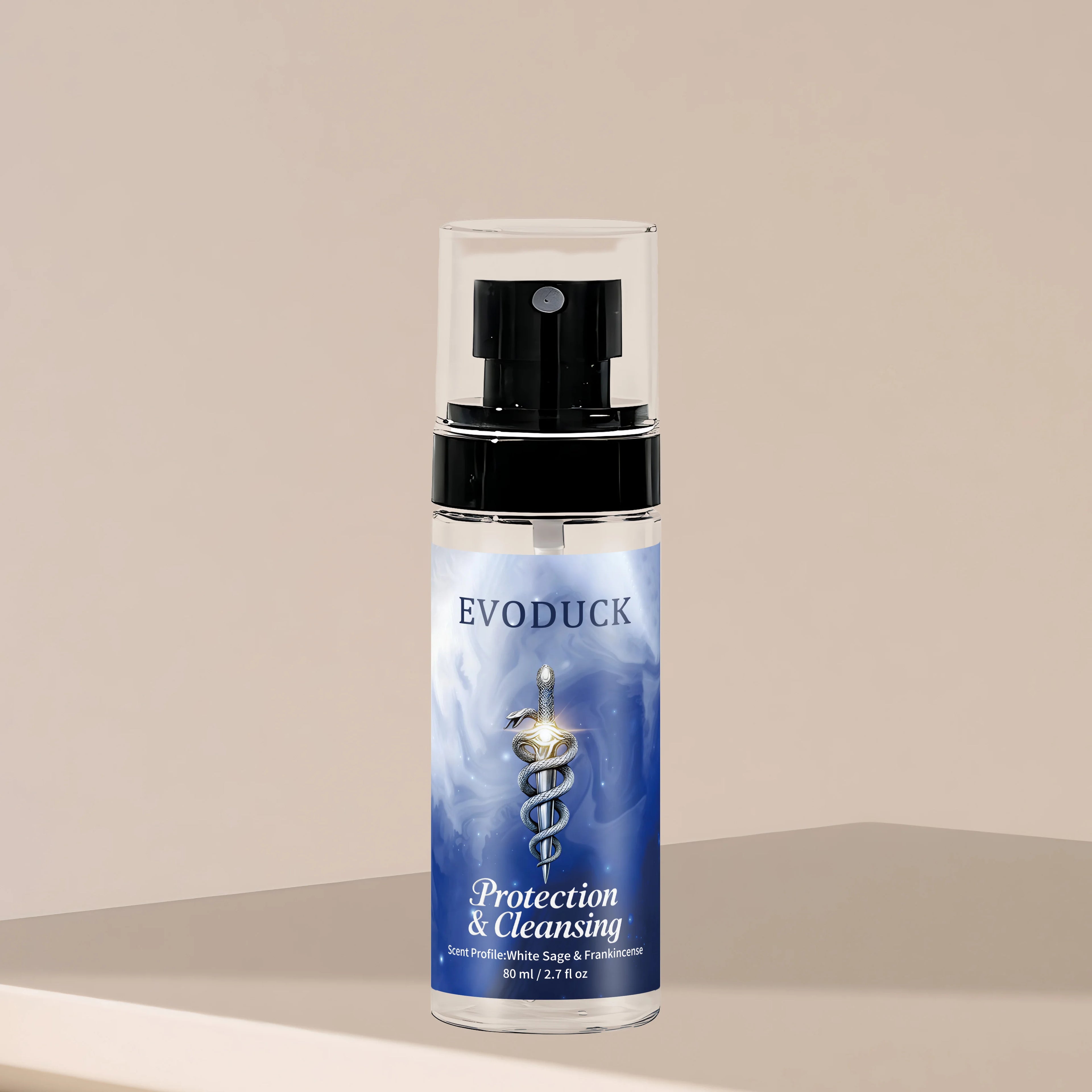 Evoduck Protection & Cleansing white sage & frankincense body spray, 2.7 oz travel-size mist for women in a pump bottle.