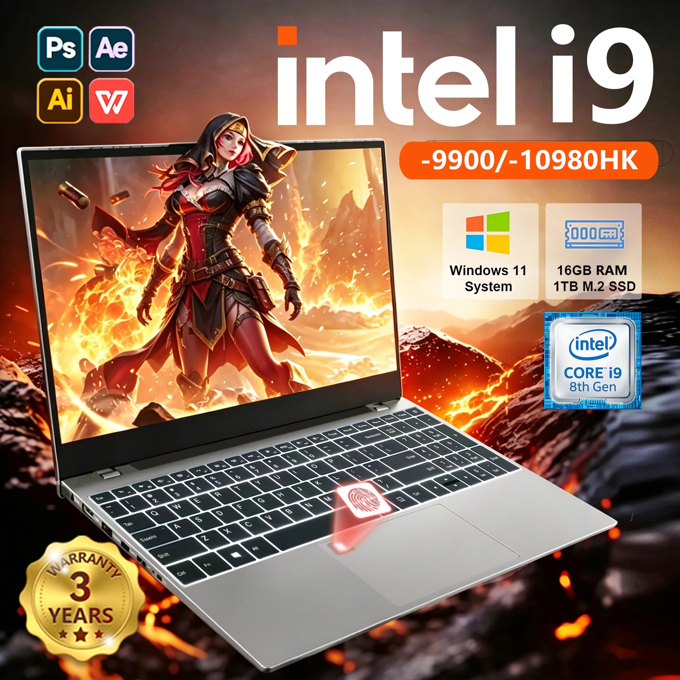 15.6" Windows 11 Pro Laptop Computer Intel Core i9 10980HK 16GB 1TB Laptops Office Computer Fingerprint Unlock Notebook PC