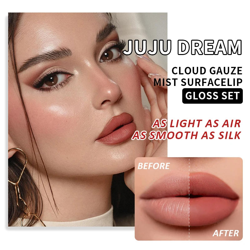 Model with nude matte lipstick showing smooth, long-lasting lip makeup finish and before-after comparison.