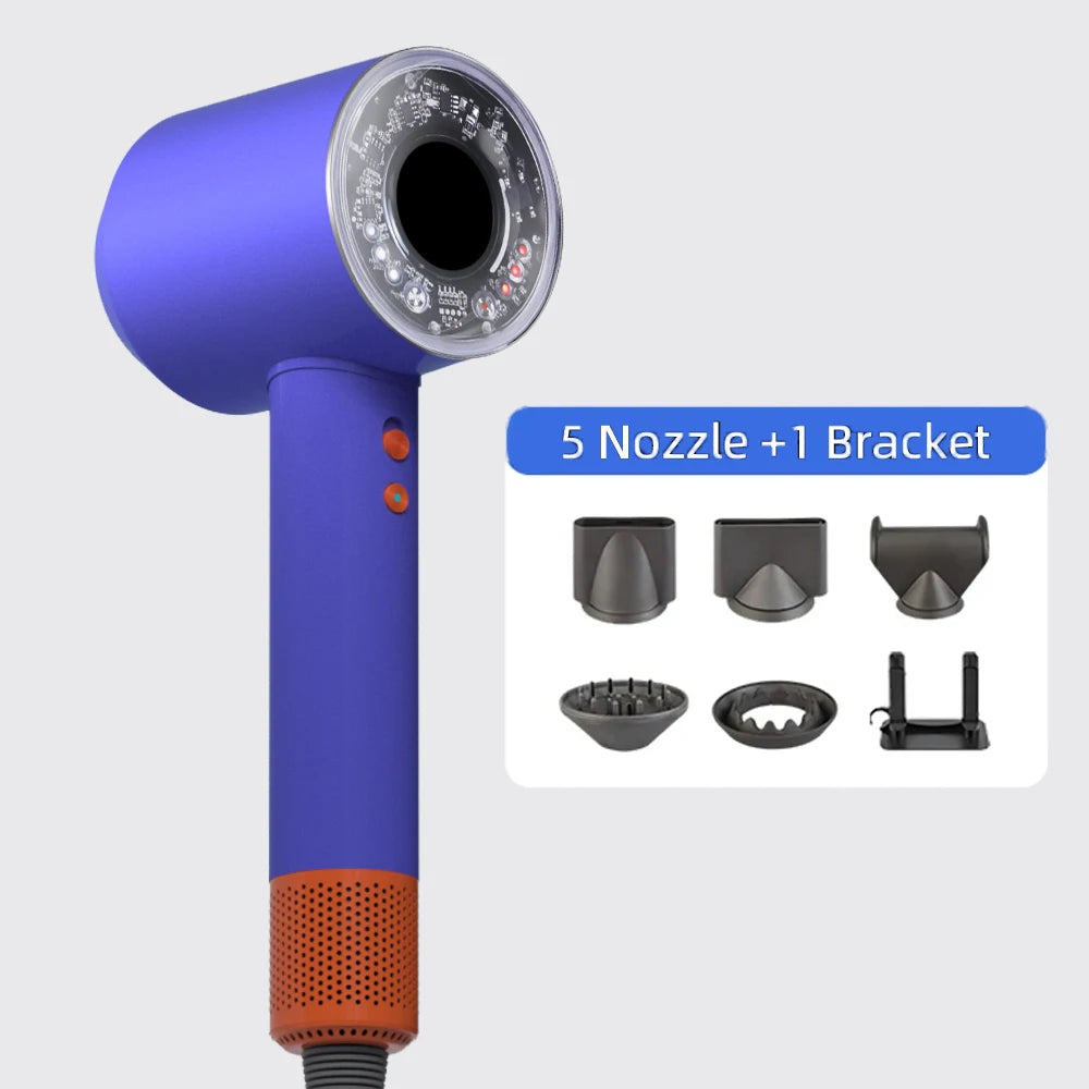 Blue 1200W professional ionic hair dryer with 5 nozzles and bracket, featuring a sleek design for fast drying.