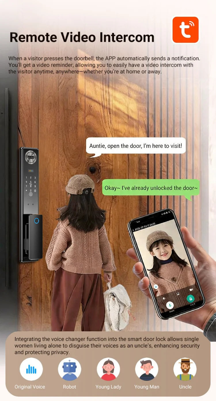 Tuya App Face Recognition Smart Door Lock with WiFi, Camera, and Voice Intercom