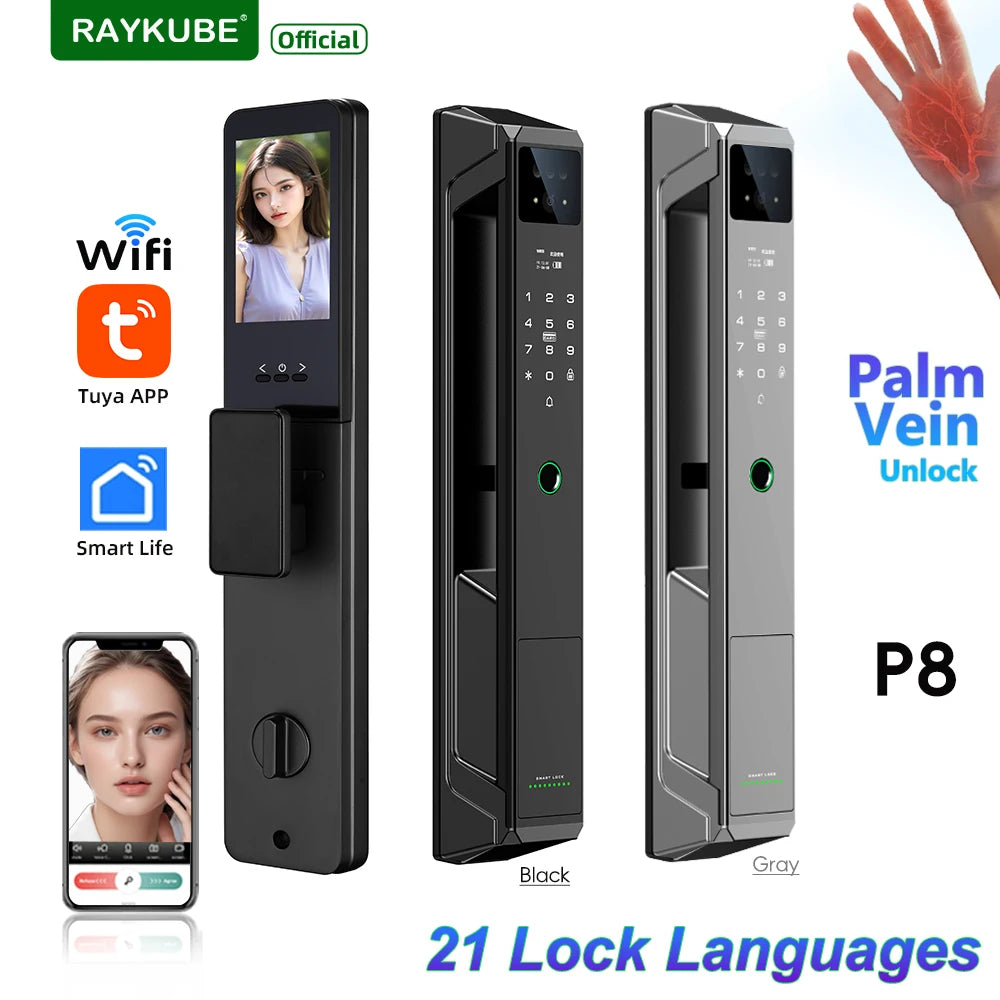 RAYKUBE P8 Tuya WiFi Camera Palm Vein Smart Lock Face Recognition Digital Fingerprint Lock With Video Call 21-language Voice