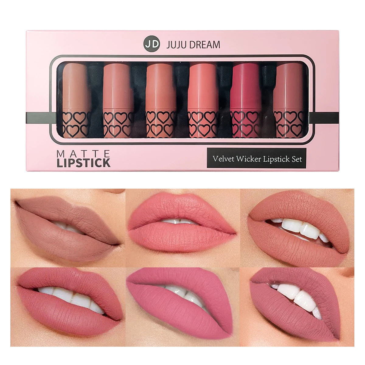 Juju Dream 6-piece matte nude lipstick set with long-lasting, transfer-proof pigment and velvet finish.