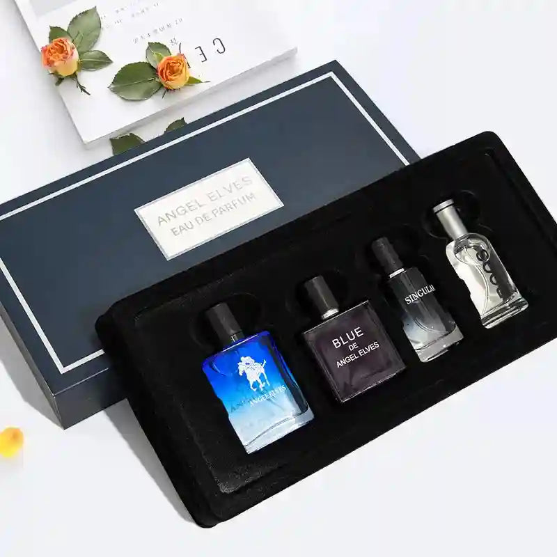Angel Elves Men's EDT perfume gift set featuring four luxury square glass bottles for a long-lasting fresh scent.
