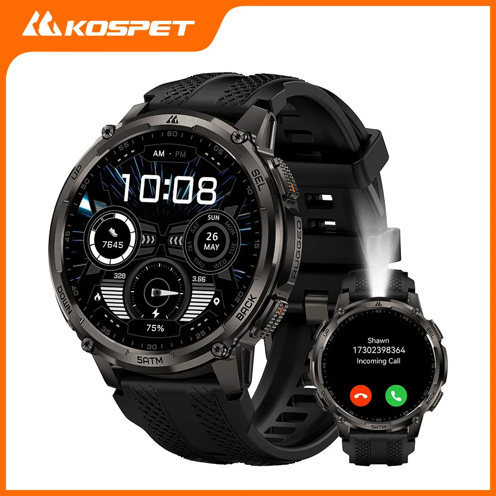 KOSPET TANK T4C Men's Military Smartwatch Rugged GPS Watch with Flashlight 5ATM Waterproof & All-Day Health Tracking