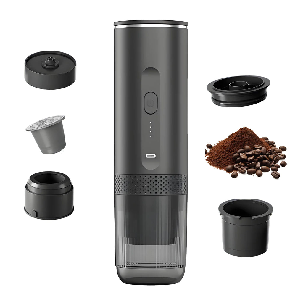 Portable black electric espresso maker with capsule adapter and ground coffee filter accessories on white background.
