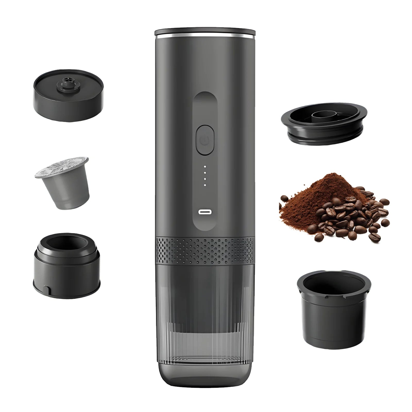Matte black portable electric espresso maker with capsule and ground coffee attachments, USB charging, isolated white.