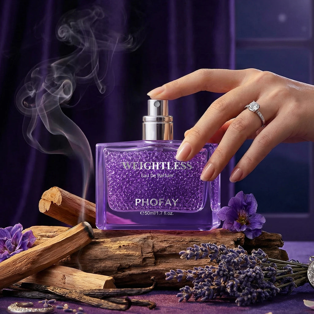 Phofay Weightless EDP: Floral pheromone perfume for women in a beaded purple glass bottle with rose, jasmine, & vanilla.