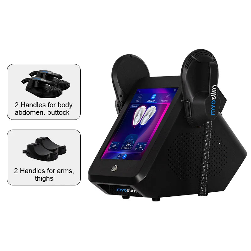 Black desktop body sculpting device with touchscreen, two large abdominal applicators, and two small arm/thigh handles.