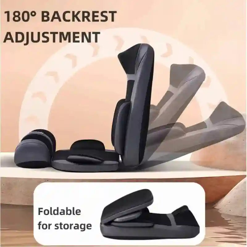 Black and gray massage chair pad with adjustable backrest showing 180-degree reclining and a foldable design.