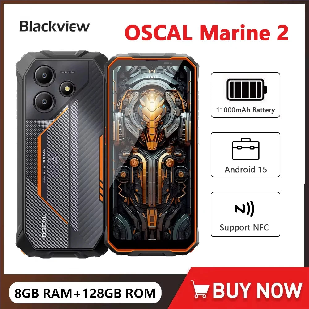 Blackview OSCAL Marine 2 Rugged Phone AI 11000mAh Battery 6.56 " HD+ Display Unisoc T6158GB RAM 128GB Smartphone Android 15 NFC